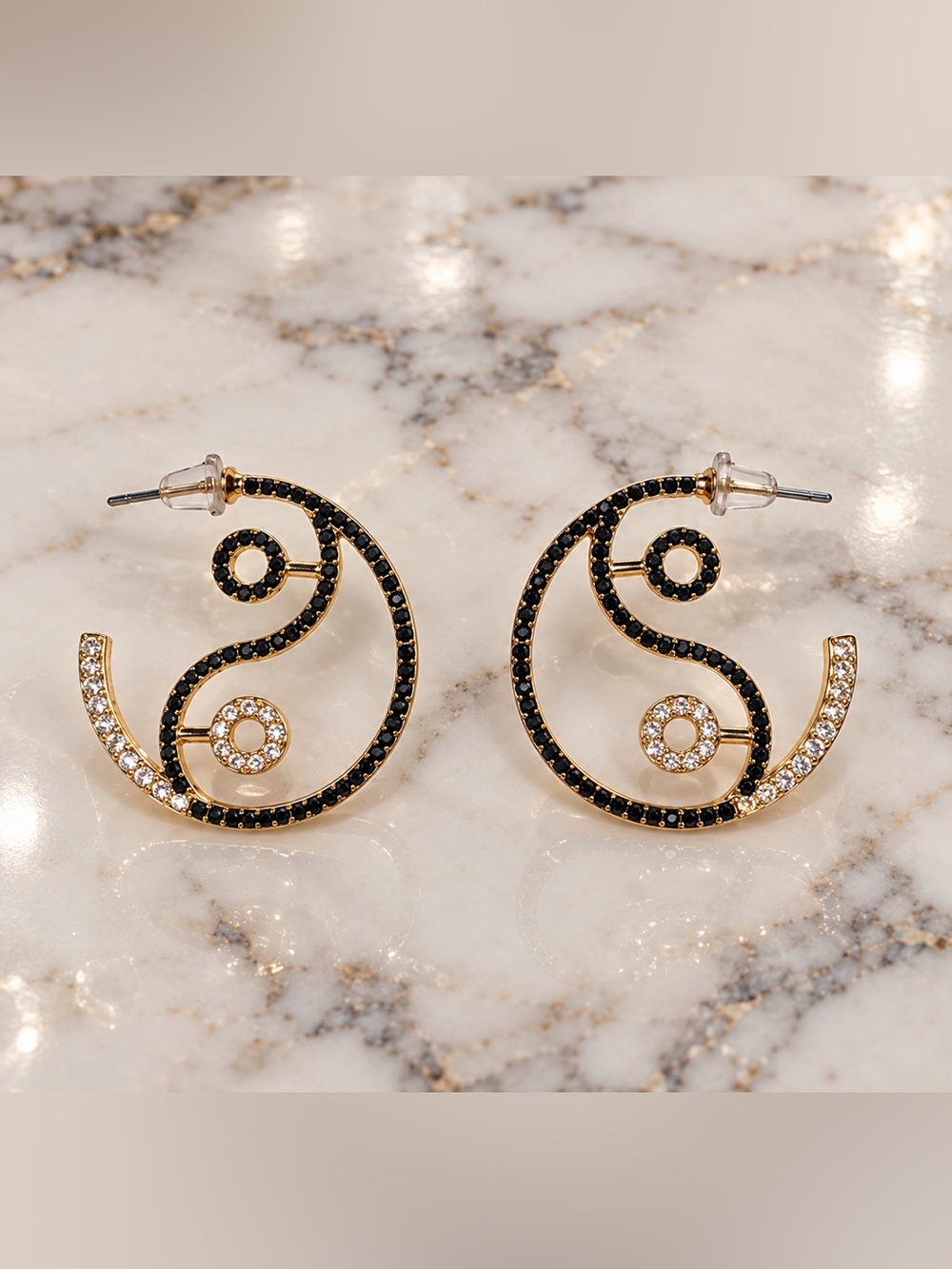 Gold Hoops with Black and Silver Stones